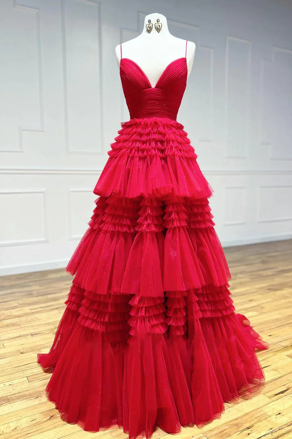 Red Ball Gown Spaghetti Strap Layered Tulle Long Prom Dress DP7750