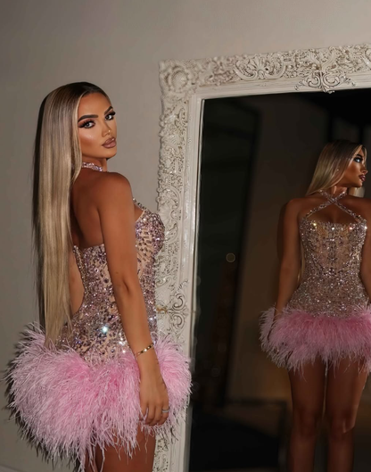 Sweety A Line Halter Exquisite Rhinestone Pink Feather Short Prom Dresses Homecoming Dress DP4626