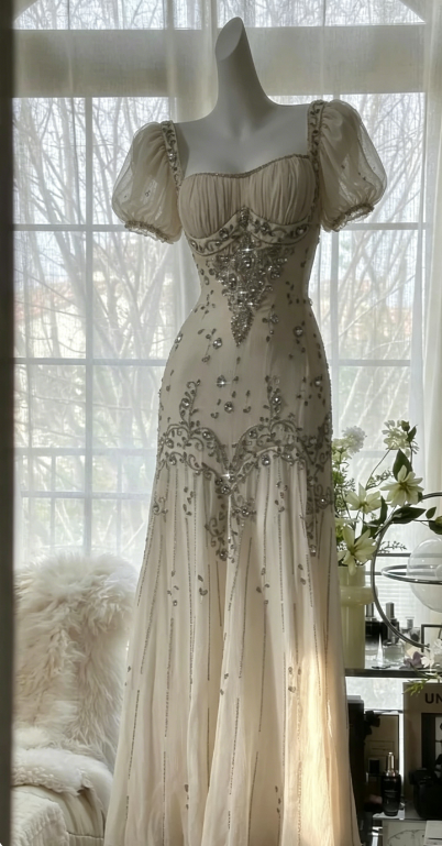 Vintage Ivory A Line Puff Sleeve Beaded Chiffon Prom Dress Evening Dress DP5256