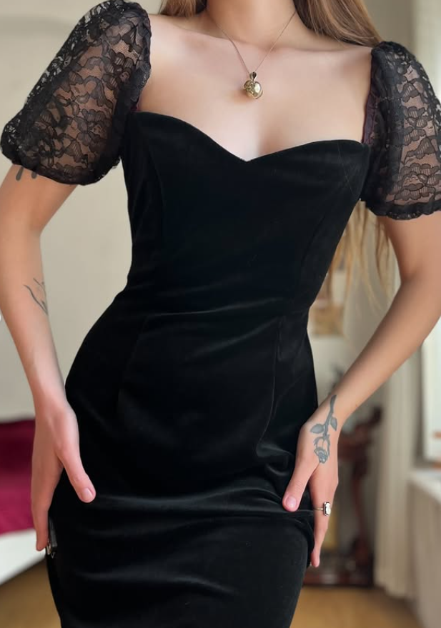 Vintage Sheath Puff Sleeve Black Velvet Knee Length Prom Dress Evening Dress DP5728