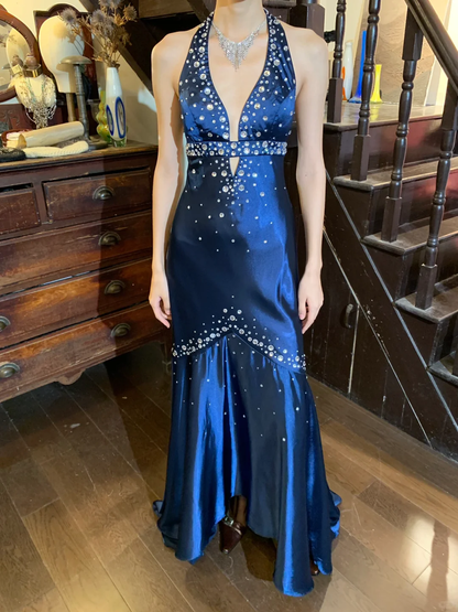 Vintage Mermaid Halter Rhinestone Blue Satin Open Back Long Sweep Party Dress Evening Dress DP2431