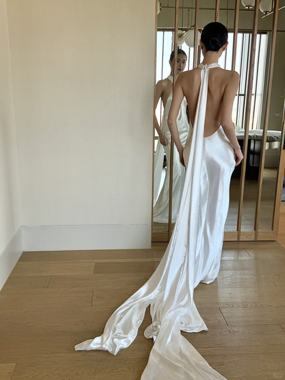 Charming Mermaid Halter White Satin Open Back Long Wedding Dress DP4374