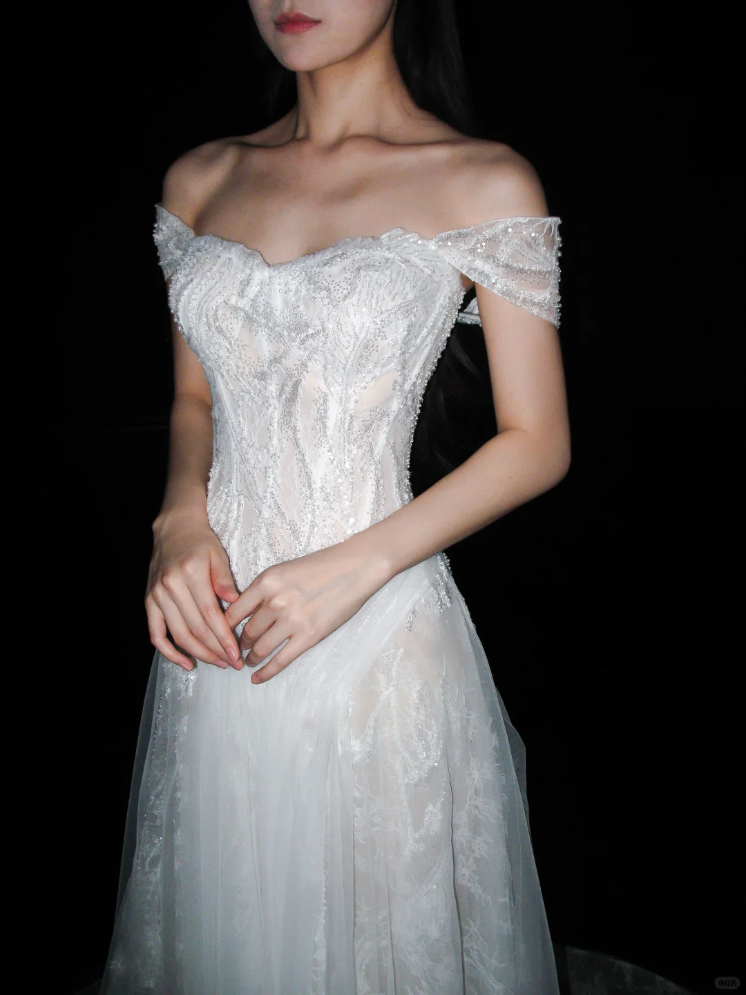 Dreamy A Line Off the Shoulder White Beaded Lace Tulle Long Train Wedding Dress DP8101