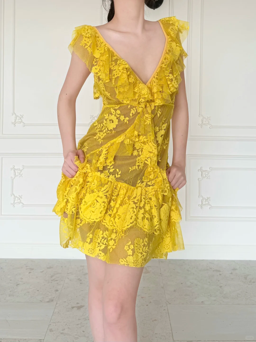 Bright Yellow A Line V Neck Layered Lace Short Prom Dress Homecoming Dress DP6450