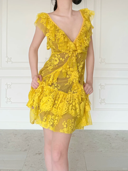 Bright Yellow A Line V Neck Layered Lace Short Prom Dress Homecoming Dress DP6450