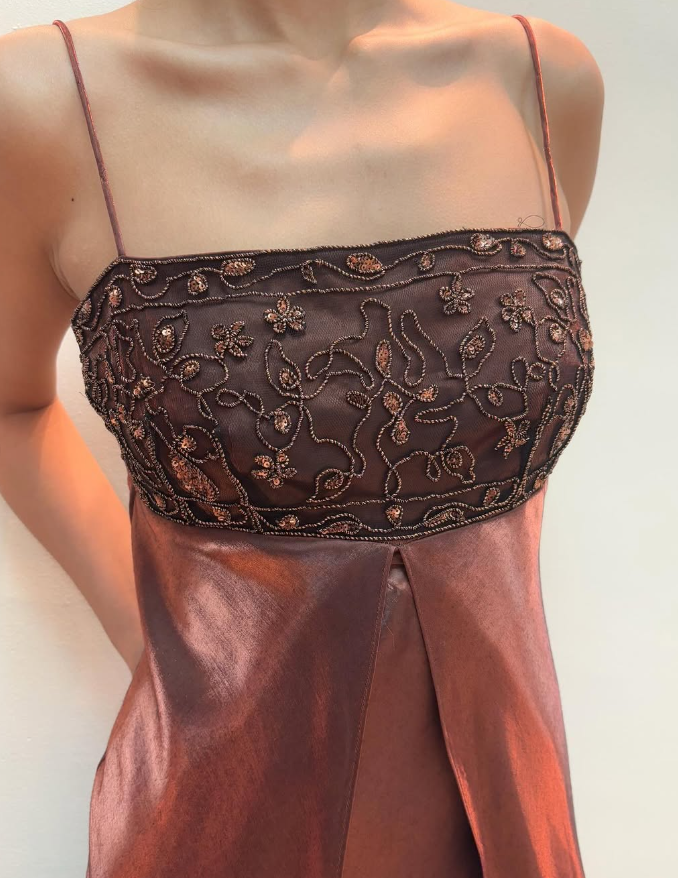 Vintage A Line Spaghetti Strap Beaded Brown Satin Prom Dress Evening Dress DP1779