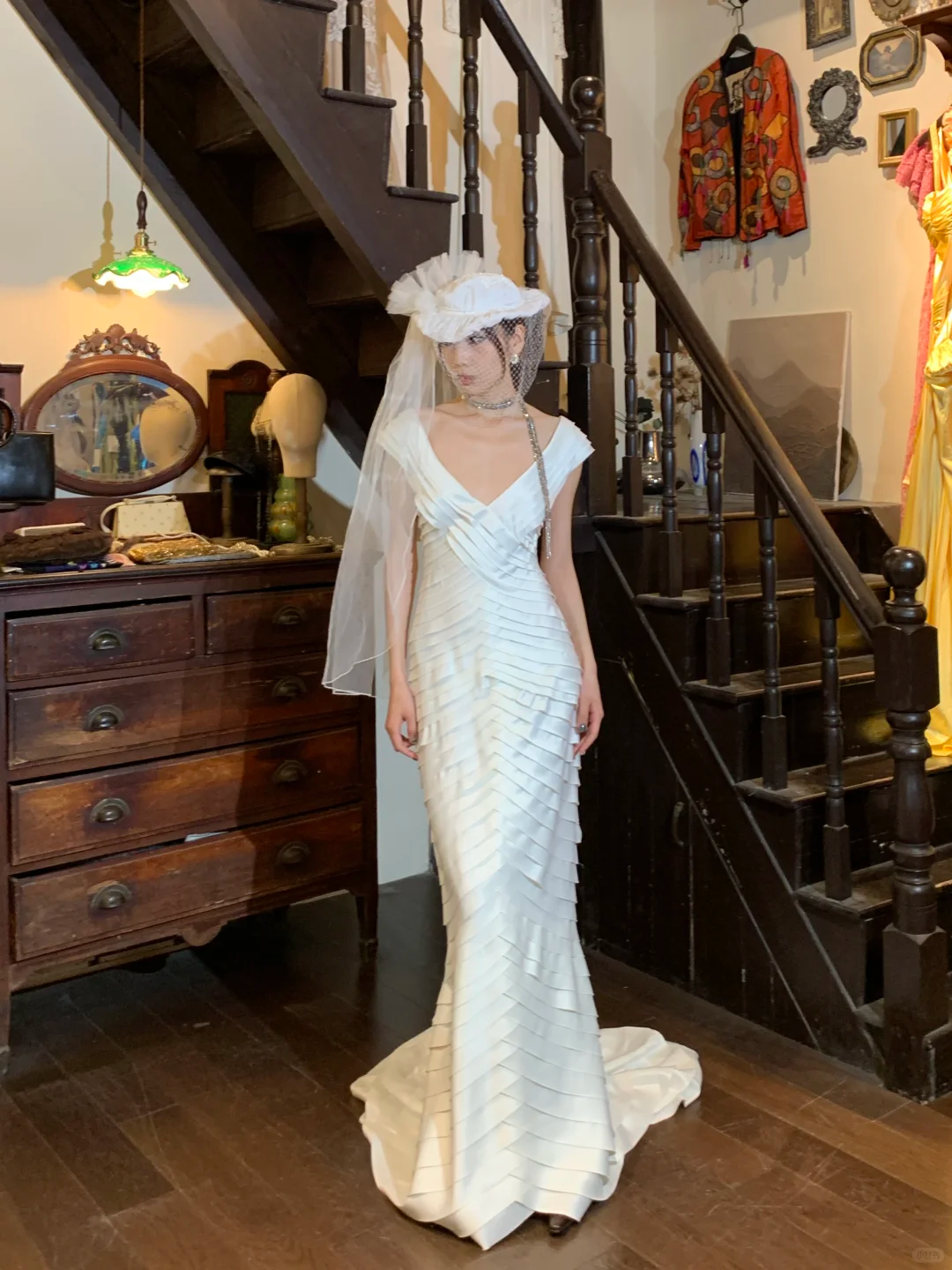 Elegant Mermaid V Neck Layered White Satin Long Party Dress Evening Dress DP2439
