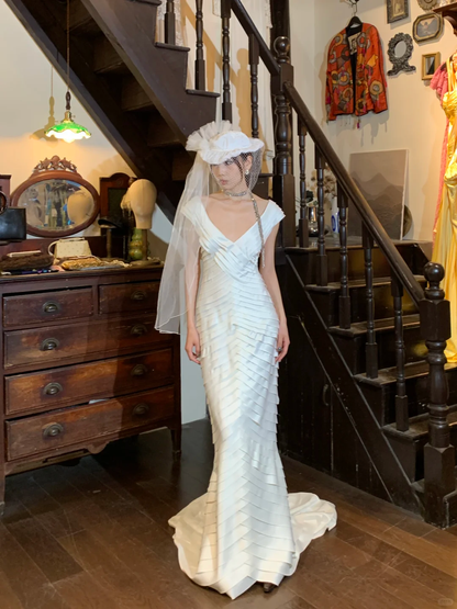 Elegant Mermaid V Neck Layered White Satin Long Party Dress Evening Dress DP2439