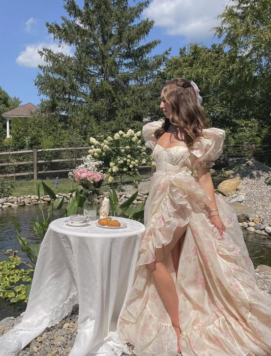 Princess Ball Gown Puff Print Floral Tulle Prom Dress Party Dress Date Dress DP4455
