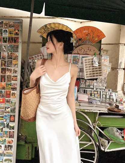 Simple White Sheath Spaghetti Strap Satin Prom Dress 16th Birthday Dress DP3976