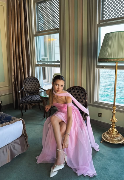 Gentle Pink A Line Off the Shoulder Chiffon Satin Prom Dress Evening Dress Formal Dress DP3212