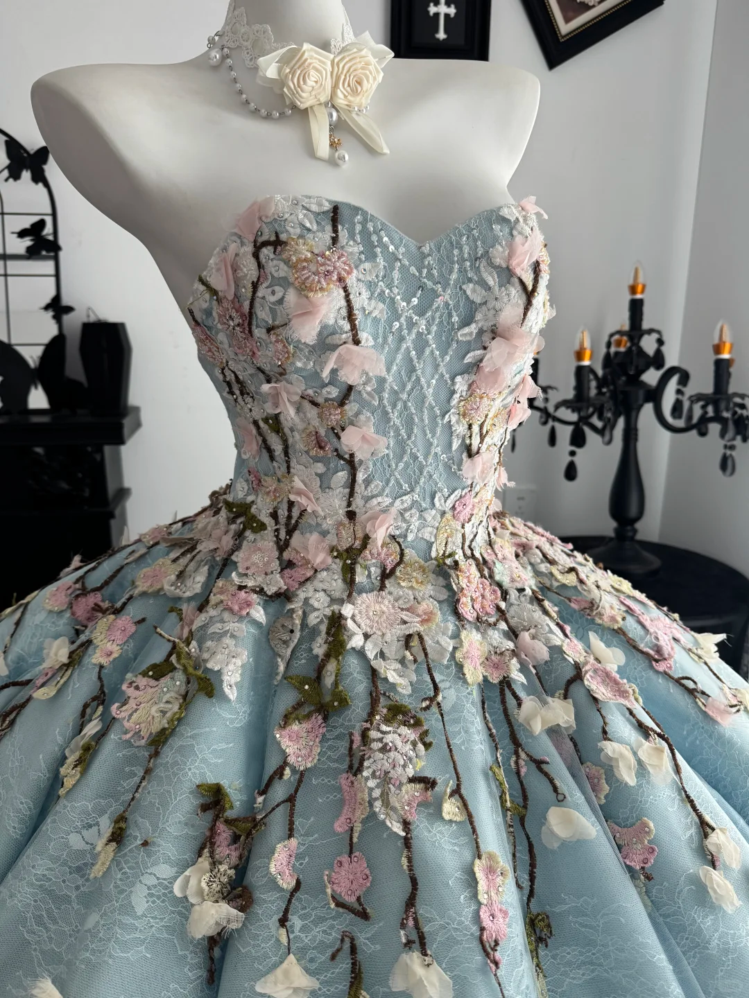 Blue Ball Gown Sweetheart Neck Floral Tulle Prom Dress Quinceanera Dress DP6968