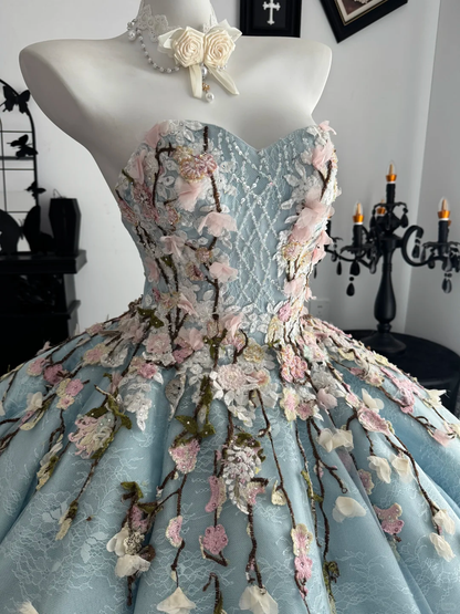 Blue Ball Gown Sweetheart Neck Floral Tulle Prom Dress Quinceanera Dress DP6968