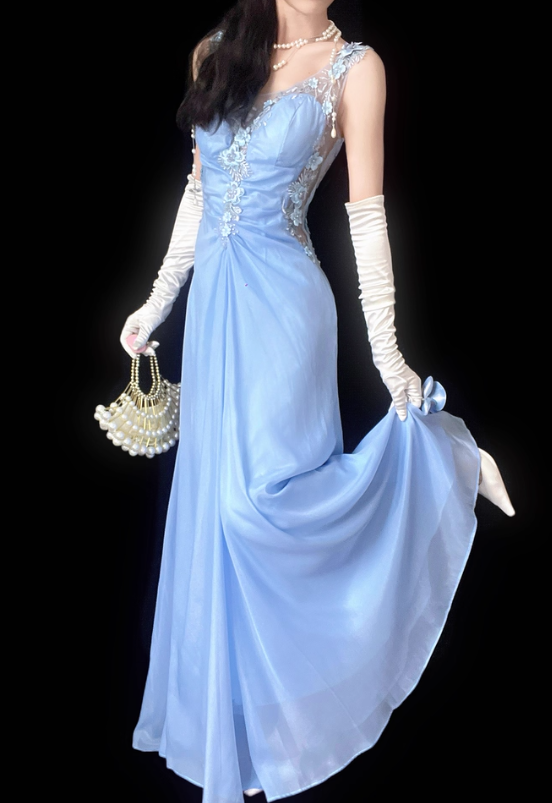 Elegant Blue A Line Spaghetti Strap Appliques Beaded Satin Backless Prom Dress DP4695
