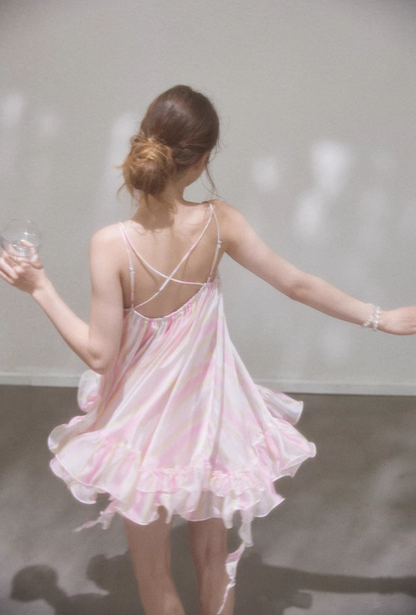 Cute Pink Stripe A Line Spaghetti Strap Satin Short Homecoming Dress Vacation Dress DP3648