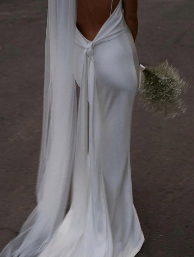 Simple White A Line Straps Satin Backless Slit Wedding Dress DP5223