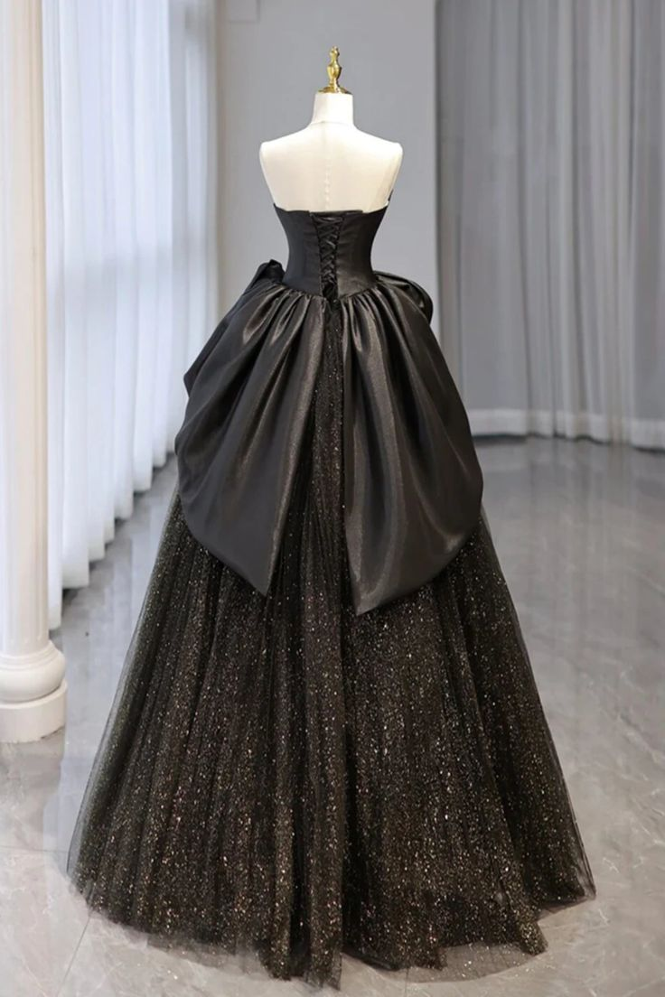 Shiny Black Tulle Strapless Long Prom Dress Formal Evening Dress DP647