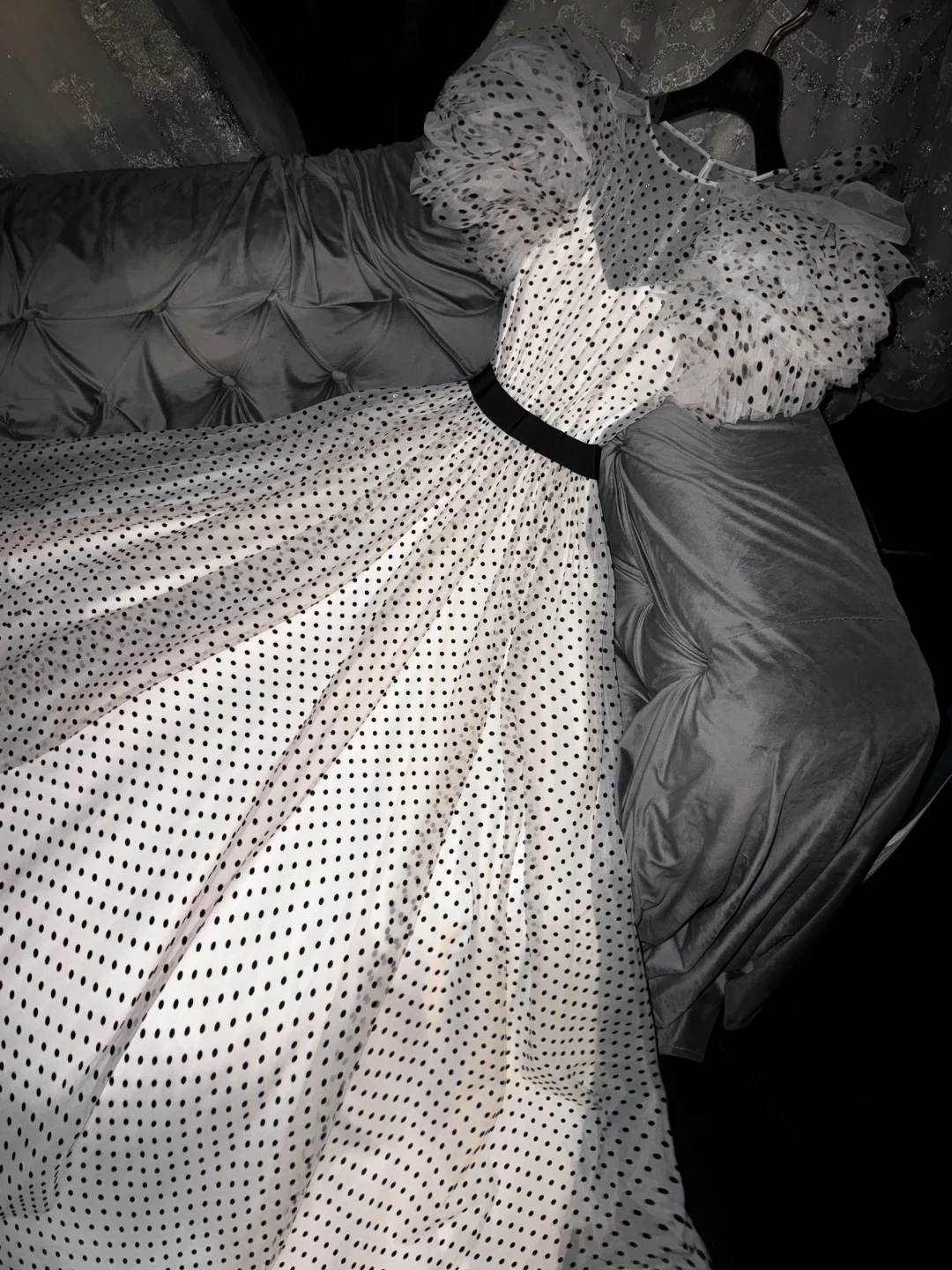 Polka Dots A Line Puff Sleeve Tulle Long Prom Dress Evening Dress DP2027