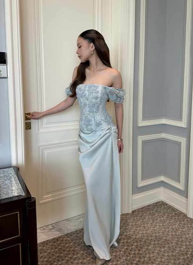 Baby Blue Two Piece Sheath Strapless Beaded Appliques Satin Prom Dress Evening Dress DP5777