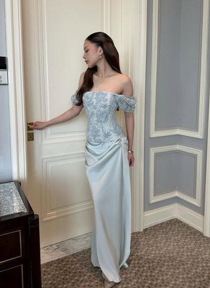 Baby Blue Two Piece Sheath Strapless Beaded Appliques Satin Prom Dress Evening Dress DP5777