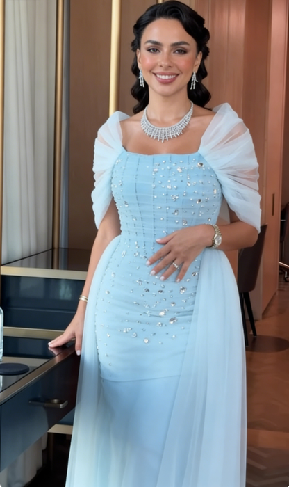 Gentle Blue Mermaid Off the Shoulder Beaded Tulle Prom Dress Evening Dress DP4341