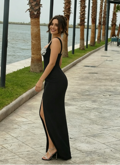 Sexy Black Sheath Straps Beaded Satin Long Prom Dress Evening Dress with Slit DP5147