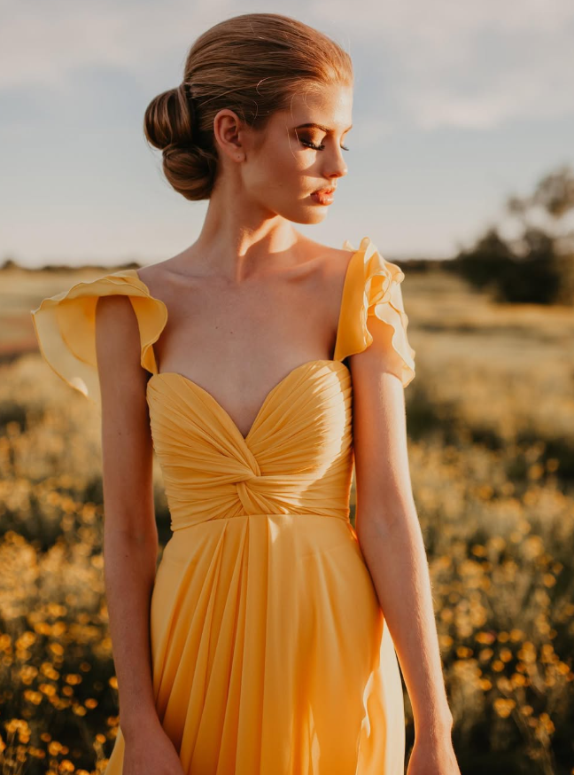 Charming A Line Straps Yellow Chiffon Long Party Dress Evening Dress DP2347