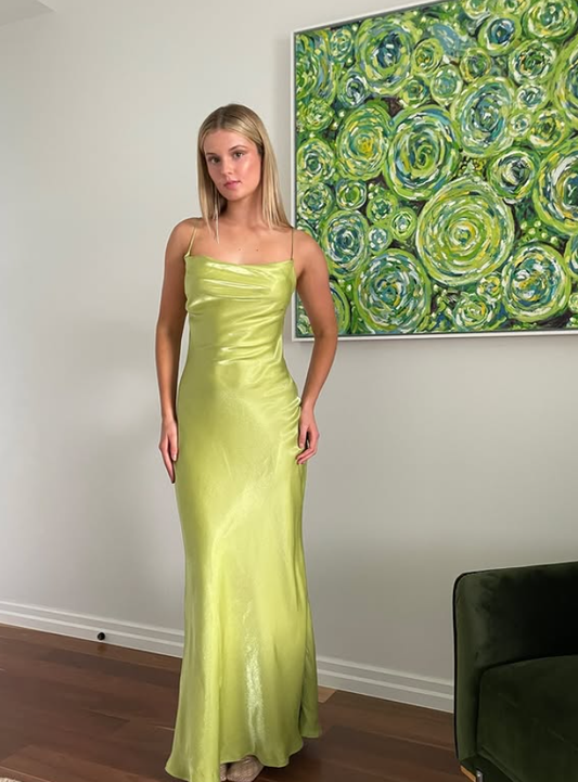 Simple Green Sheath Spaghetti Strap Satin Prom Dress Evening Dress DP5506