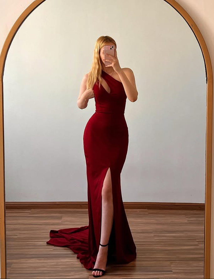 Modern Burgundy Sheath One Shoulder Satin Long Slit Prom Dress Evening Dress DP6514