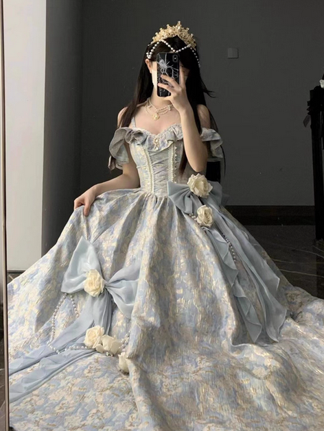 Blue Ball Gown Off the Shoulder Gentle Rose Bow Satin Lolita Goth Boning Dress Prom Dress DP4509