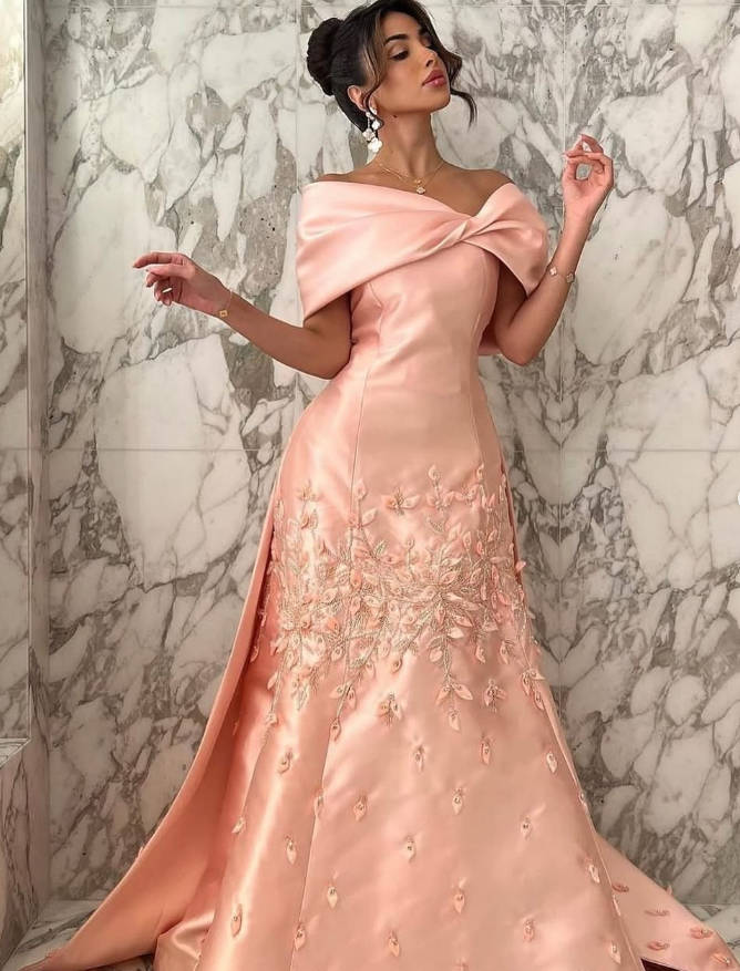 Pink A Line Off the Shoulder Appliques Satin Long Prom Dress Evening Dress DP1488