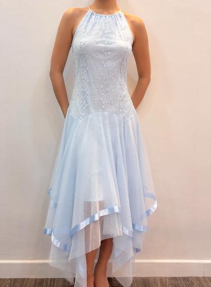 Vintage Baby Blue A Line Halter Embroidery Tulle Prom Dress Evening Dress Date Dress DP5288
