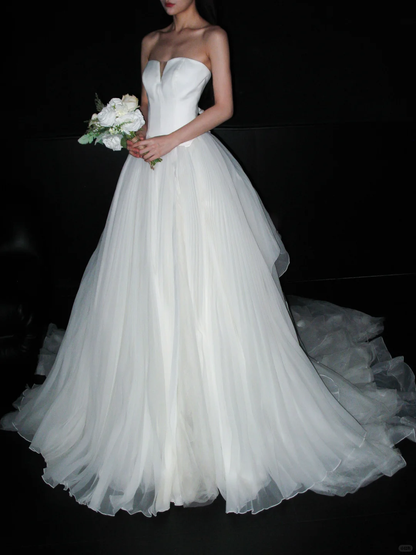 Cute White Ball Gown Sweetheart Neck Satin Tulle Long Train Wedding Dress DP8097