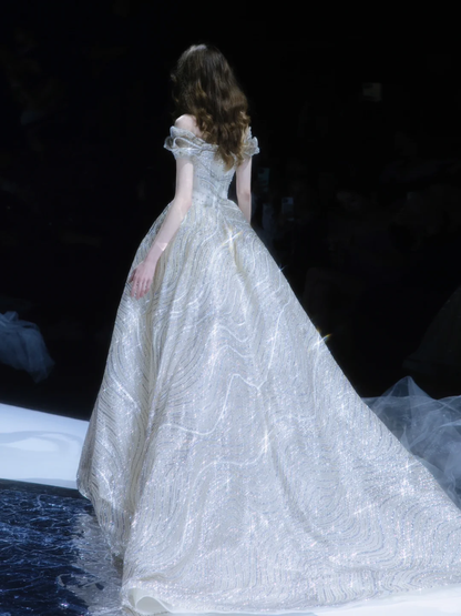 Shiny A Line Off the Shoulder Silver Sequin Tulle Long Prom Dress DP2841