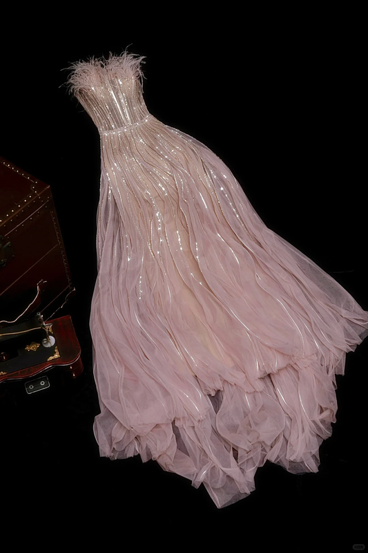 Pink A Line Strapless Silver Sequin Feather Tulle Long Prom Dress Evening Dress DP2864