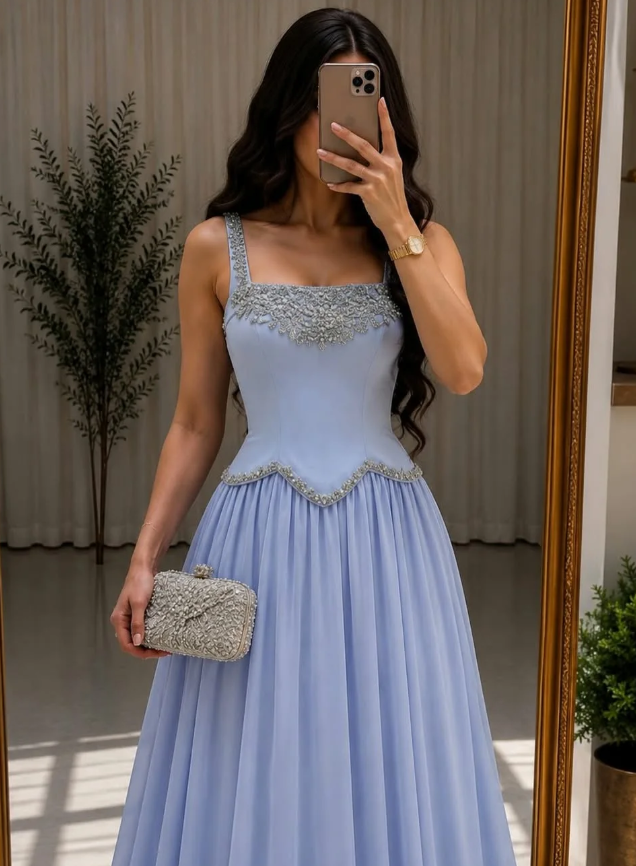 Romantic A Line Strap Exquisite Beaded Satin Chiffon Long Prom Dress Evening Dress DP6945