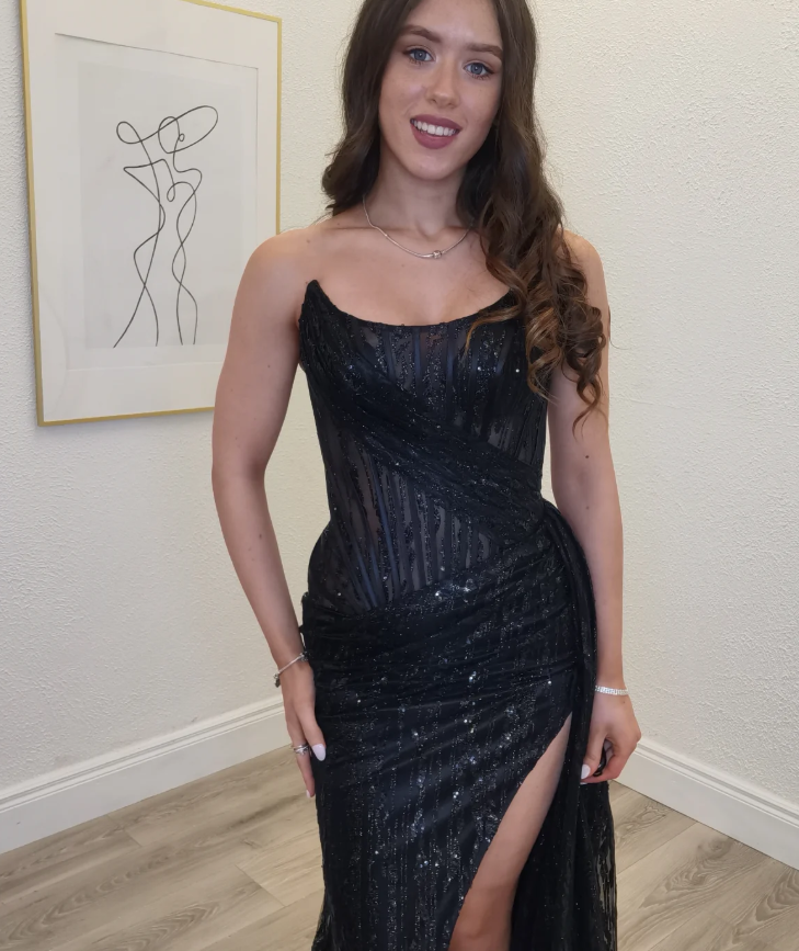 Sexy Black Sheath Strapless Sequin Tulle Long Prom Dress Evening Dress DP6332
