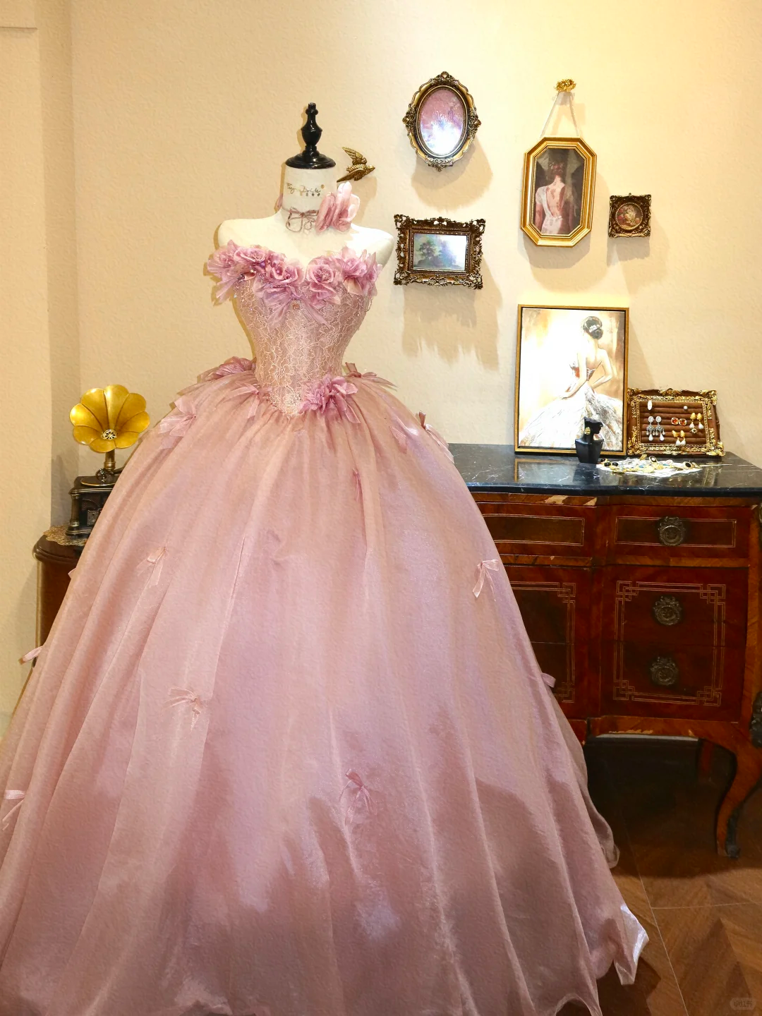 Sweety Pink Ball Gown Strapless Floral Satin Long Prom Dress Evening Dress DP6996