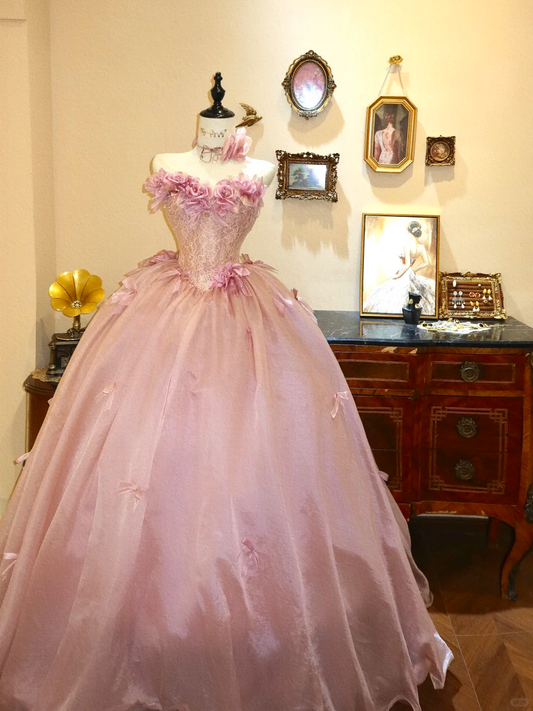 Sweety Pink Ball Gown Strapless Floral Satin Long Prom Dress Evening Dress DP6996