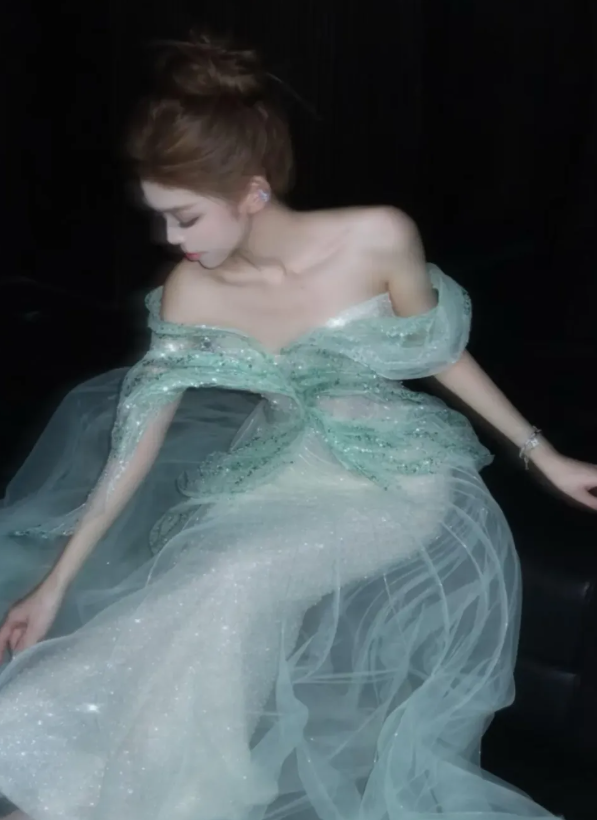 Ethereal Green Ball Gown Off the Shoulder Sequin Tulle Prom Dress Quinceanera Dress DP6612