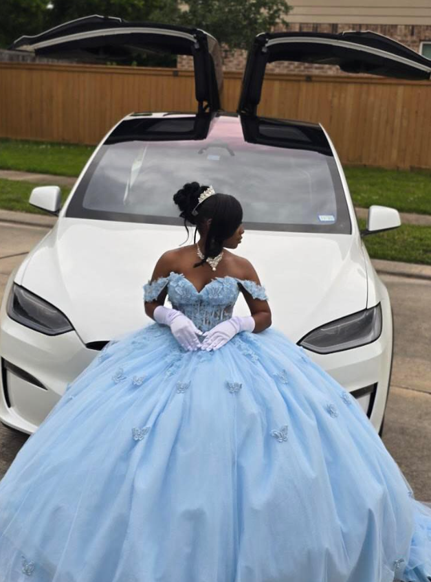 Princess Blue Ball Gown Off the Shoulder Beaded Corset Tulle 16th Birthday Dress DP5063