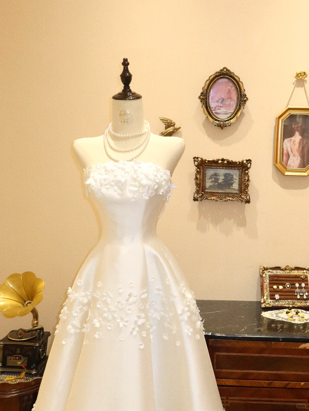 Elegant A Line Strapless Floral Ivory Satin Prom Dress Wedding Dress DP7044