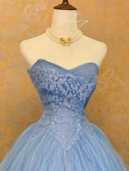 Vintage Blue Ball Gown Sweetheart Neck Lace Tulle Prom Dress Graduation Ball Gown DP4575
