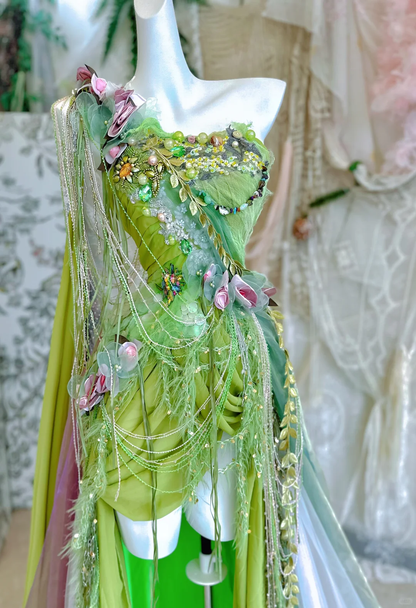 Stunning A Line One Shoulder Beaded Green Chiffon Prom Dress 16th Birthday Dress with Slit DP3840