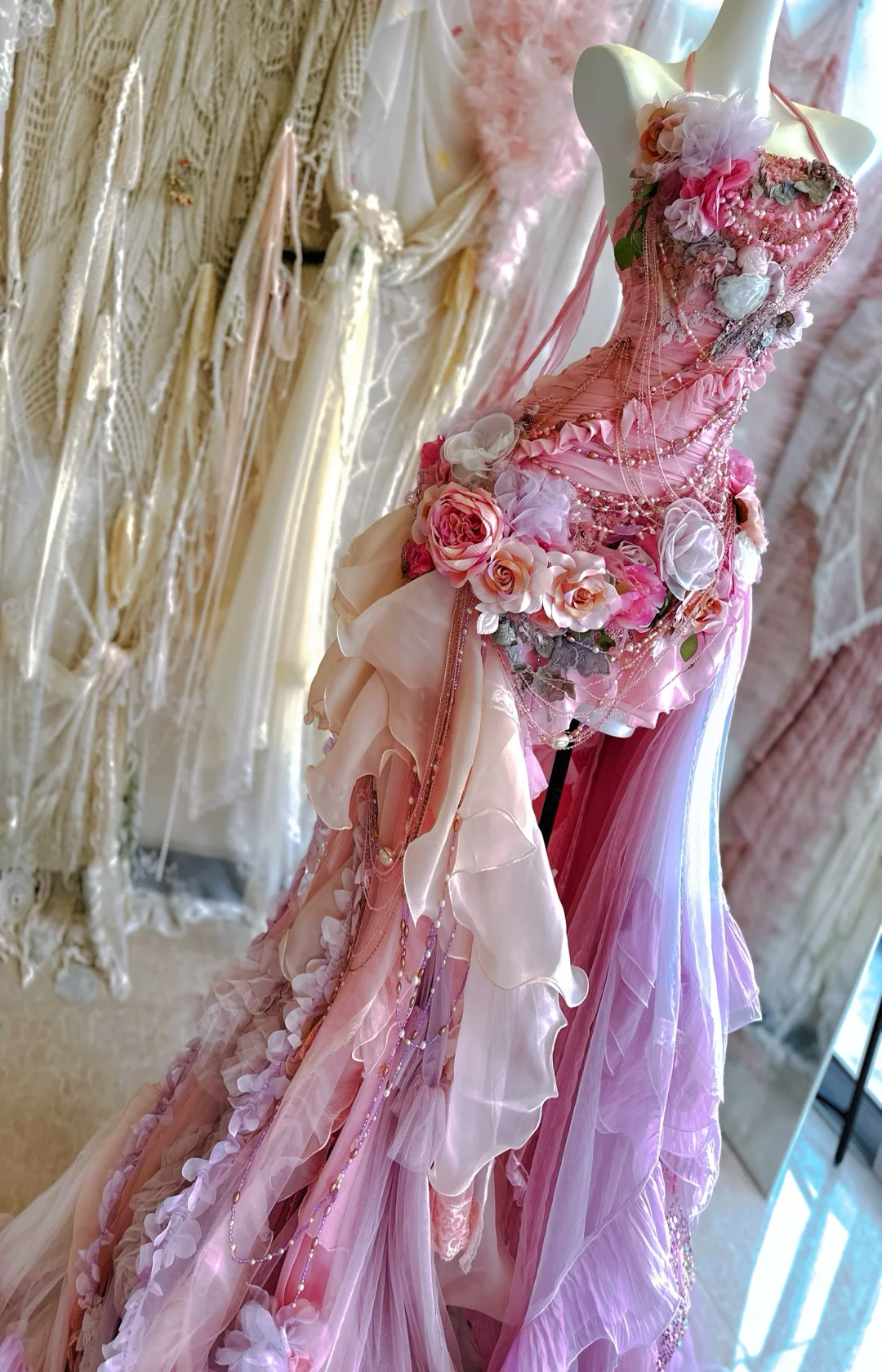 Unique Pink Mermaid Halter Exquisite Floral Chiffon Long Sweep Prom Dress Evening Dress Party Dress DP2973