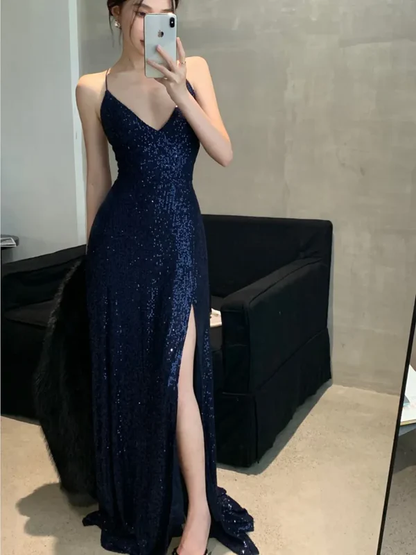 Shiny Navy Blue A Line Suspender Waist Slim Fit Sequin Maxi Prom Dress with Slit DP4837