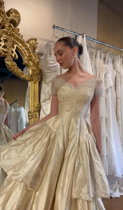 Vintage A Line V Neck Apricot Layered Satin Wedding Dress DP5219