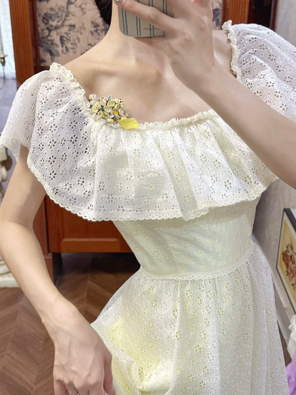 Vintage A Line Off the Shoulder White Lace Yellow Tulle Prom Dress DP4826