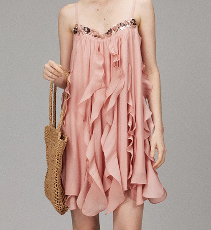 Pink A Line Spaghetti Strap Sequin Ruffle Chiffon Short Homecoming Dress Outfits DP3476