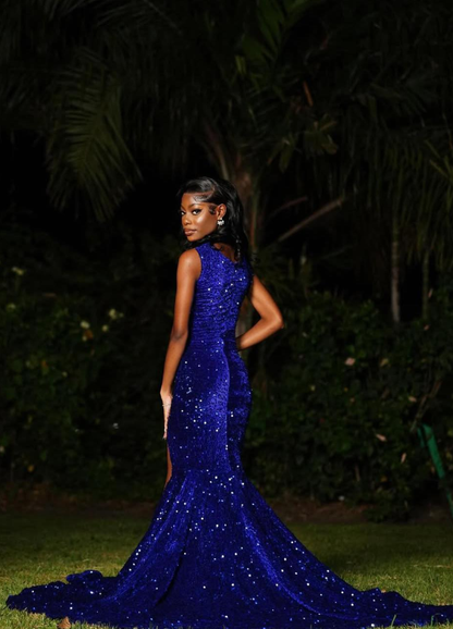 Royal Blue Mermaid Strapless Beaded Sequin Velvet Long Prom Dress with Slit DP5058